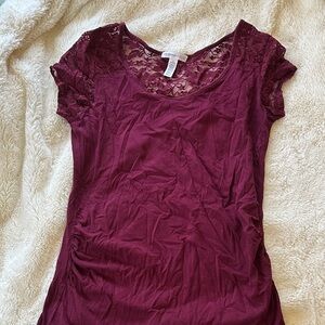 Women's Lace Yoke Short Sleeve Camisole - Burgundy